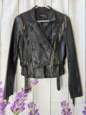 Women's Black Fringe Double-Breasted Leather Jacket